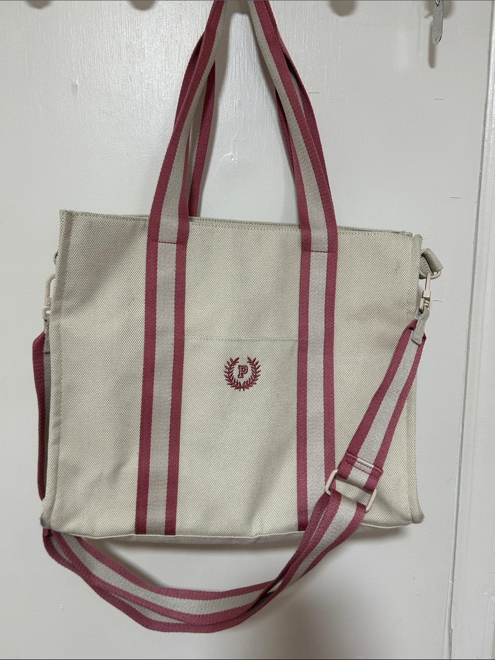 PINK Victoria's Secret Cream Canvas Tote with Pink Stripes